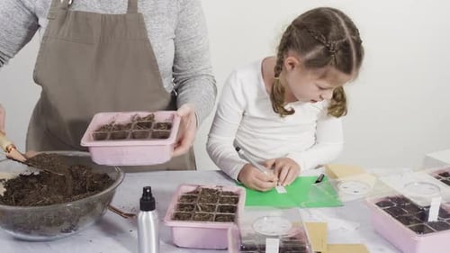 Girl and Adult Planting Seeds Together Indoors