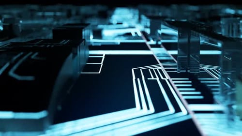 Aufnahme einer beleuchteten, blau leuchtenden Hauptplatine mit elektronisch Komponenten