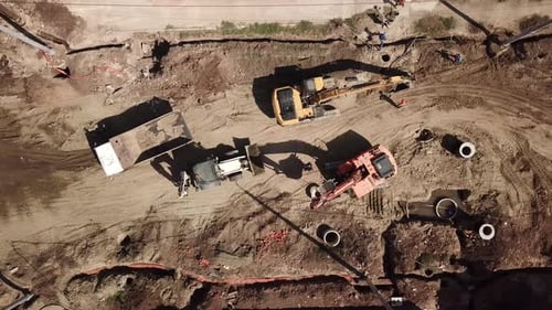 Heavy Equipment at Construction Site, Aerial Bird's Eye View