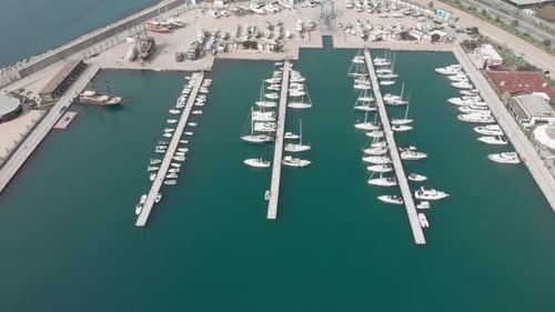 Boats and yachts in marina, aerial view