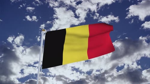 Belgium National Flag Waving in Realistic Blue Sky