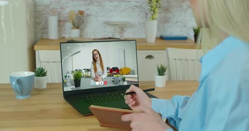 Woman Studying at Home Office Online By Conference Video Call Laptop Speak Communicates Teacher