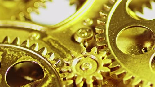 Golden Old Vintage Antique Gears Mechanism Working Zoom In Close Up