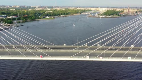 Aerial View of Cable-stayed Bridge with Cars