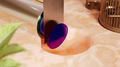 Lâmina de metal 3D cortando peças de substância violeta redonda espremidas do tubo sobre o orifício em mármore