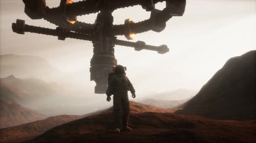 Astronaut Observes Futuristic Spaceship on Alien Planet