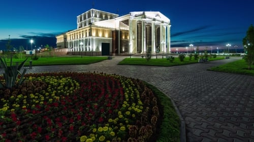 Day Turns Into Night, Turn On Illumination Dramatic Theater. Kazakhstan