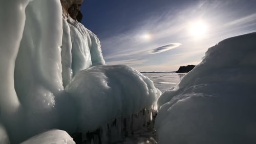 Sunset On Freeze Ice Of The Baikal Lake.