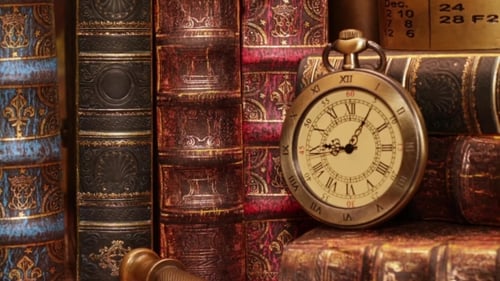 Vintage Books and Antique Pocket Watch Close Up