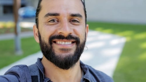 Happy Man Taking Selfie Or Video On City Street 29