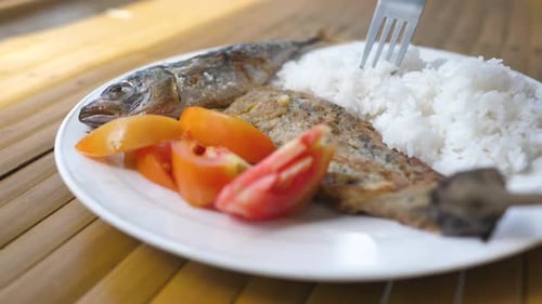 Delicious Meal with Fish and Rice on Plate