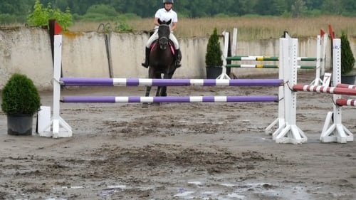 Professional Female Jockey Rides On Horseback. Horse Runs On The Sand And Jumps Through a Barrier.
