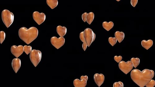 Falling Bronze 3D Hearts Animation with Transparent Background