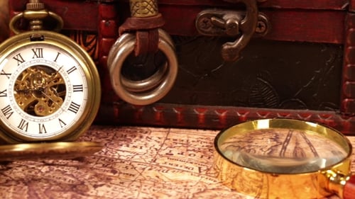 Vintage Still Life of Map, Compass, Clock