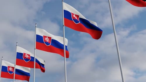 Slovakia Flags Waving in Wind Against Blue Sky