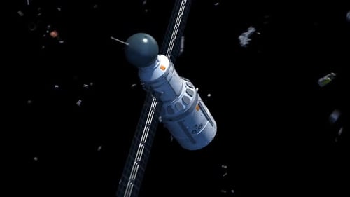 Satellit umkreist die Erde zwischen den Weltraummüll.