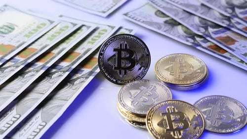 Bitcoins et argent avec des lumières de police bleues et rouges