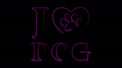 Glowing Neon I Love Dog Text with Paw Print Animation