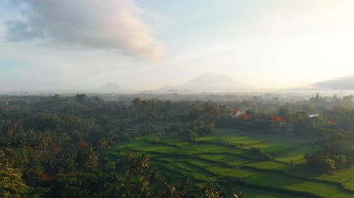 Vista Aérea Sobre Campos Verdes montanha manhã