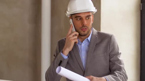 Architect Speaks on the Phone Holding Building Plans