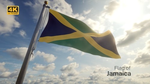 Realistic Jamaican Flag Waving Against Cloudy Blue Sky