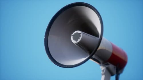 3D Rotating Megaphone Announcement on Blue Background