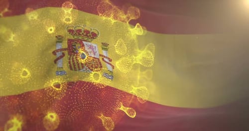 Spain Flag Waving with Abstract Glowing Virus Particles