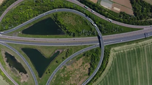 Aerial view of highway interchange.