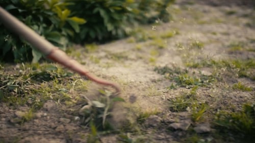 Farmer Using Hoe On Dirt At Farm