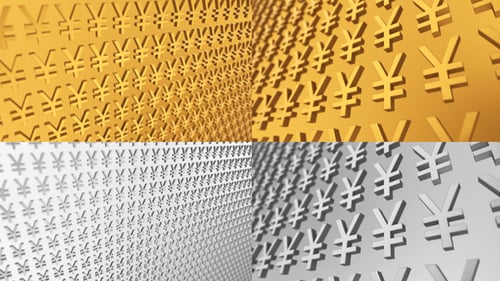 Looping 3D Yen Yuan Symbols Animation in Gold and Silver
