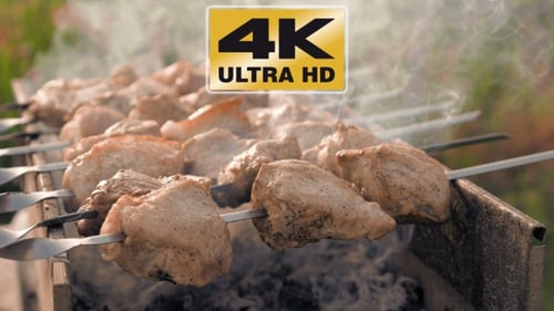 Barbecue Skewers With Meat Cooking On The Grill