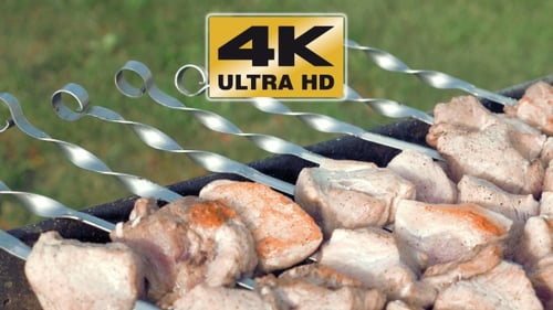 Barbecue Skewers With Meat Cooking On The Grill