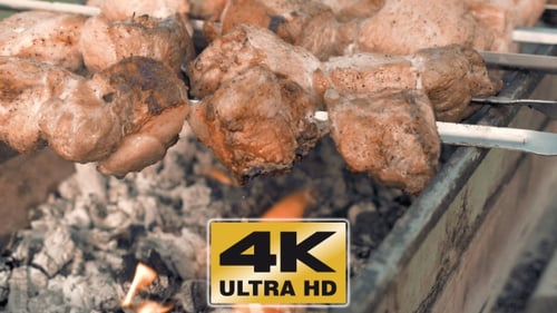 Barbecue Skewers With Meat Cooking On The Grill