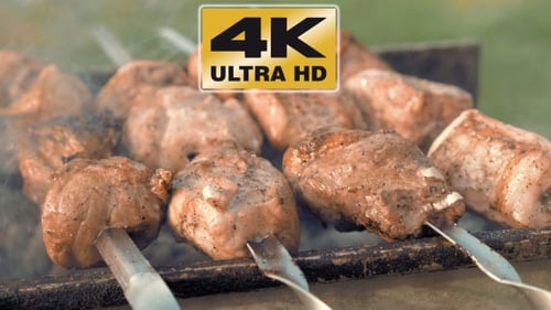 Barbecue Skewers With Meat Cooking On The Grill