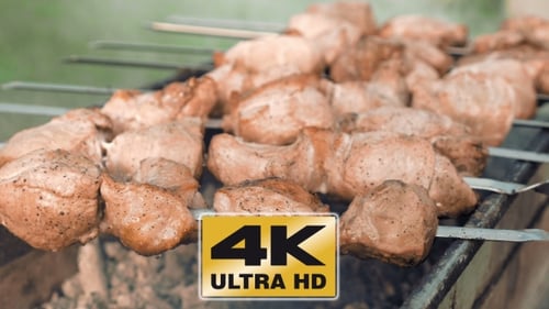 Barbecue Skewers With Meat Cooking On The Grill