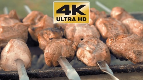 Barbecue Skewers With Meat Cooking On The Grill