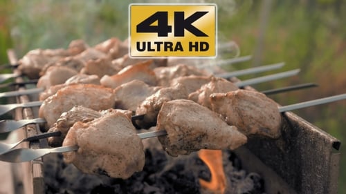 Barbecue Skewers With Meat Cooking On The Grill