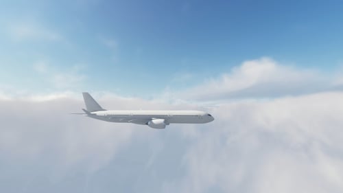 3D Animated Airplane Flying Through Clouds Above Sky