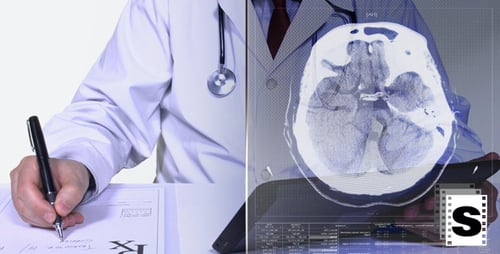 Doctor Writes Prescription While Reviewing Brain Scan
