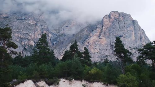 Cloud Landscape, High Mountain and Spruce Trees, Cloudy Weather. Camera Movement Along Green Trees