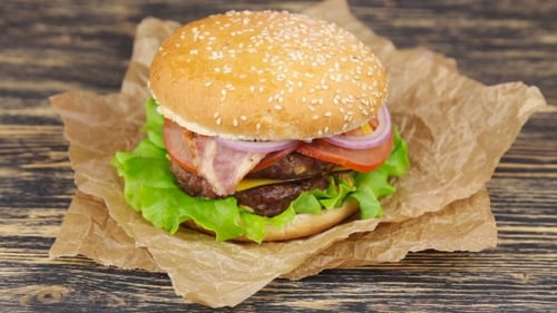Close Up of Tasty Double Hamburger with Bacon