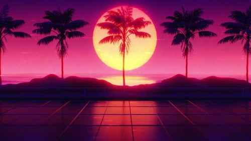 Retro Synthwave Sunset with Palm Trees and Grid Background
