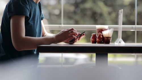 Woman Hands Using Smartphone In Cafe