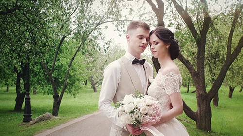 Loving Couple Embracing on Wedding Day in Park