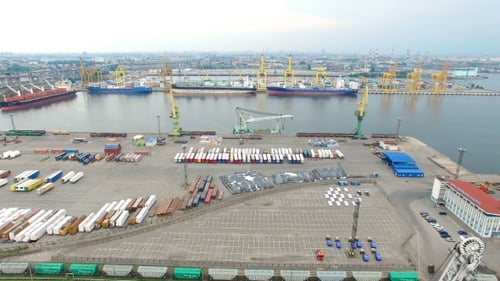 Seaport with cranes, ships, containers and cargo in Saint-Petersburg, Russia