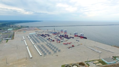 Aerial view of a seaport with cranes, ships, containers and cargo