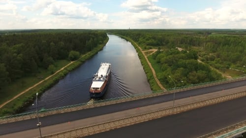 Cruise Ship On The river.Aerial View
