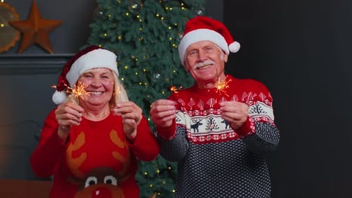 Happy Senior Couple Celebrates Christmas With Sparklers