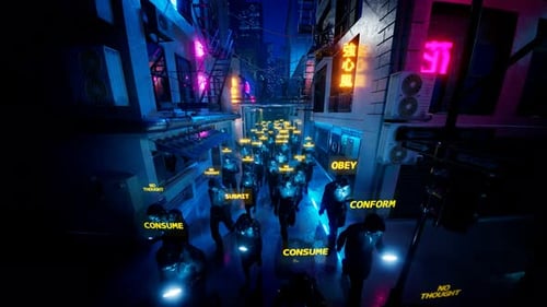 People hypnotized by their mobiles walk in the rain. Zombie walk. Mind control