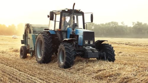 Funktionierender blauer Traktor im Feld.